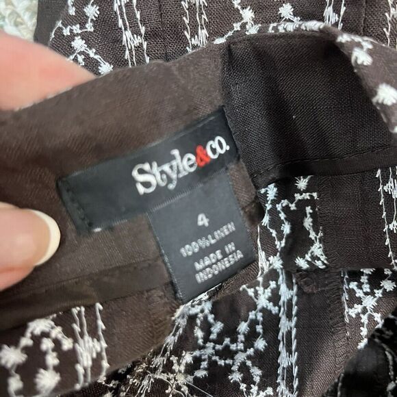 Style & Co Skirt size 4 Brown Linen White Floral Embroidery Midi Flared Modest - Picture 9 of 9